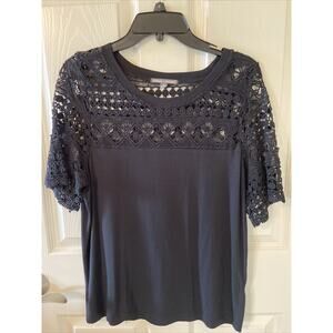 Threads 4 Thought Women’s Black Scoop Neck Crochet Short Sleeve Blouse Shirt XS